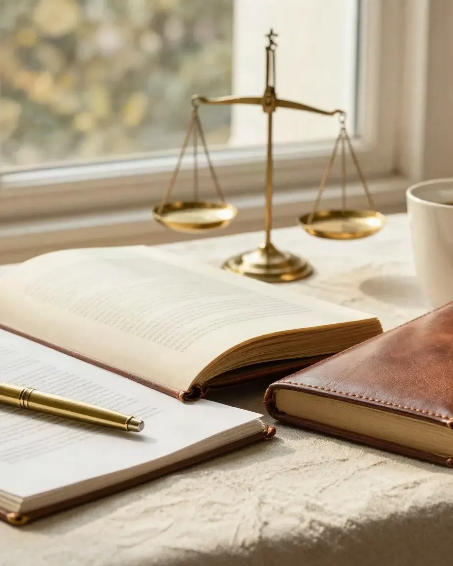 Escritorio bañado por el sol con un libro de derecho abierto, una pluma estilográfica sobre un contrato y una balanza de la justicia de latón